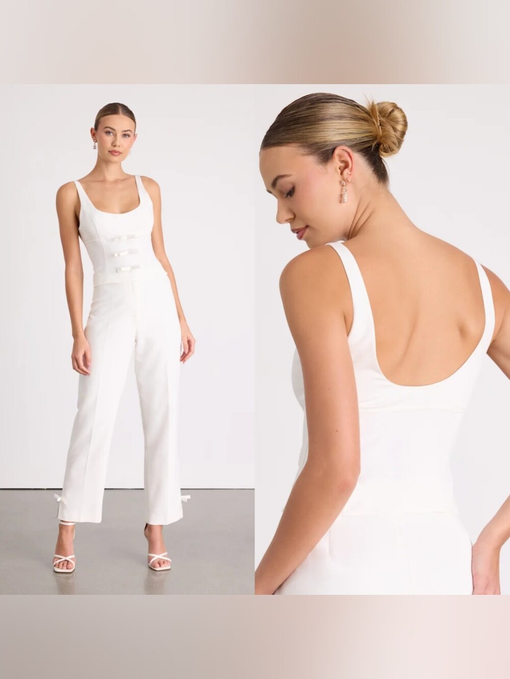 Lulus Fenella White High-Rise Straight Leg Trousers and Top M Wedding Party